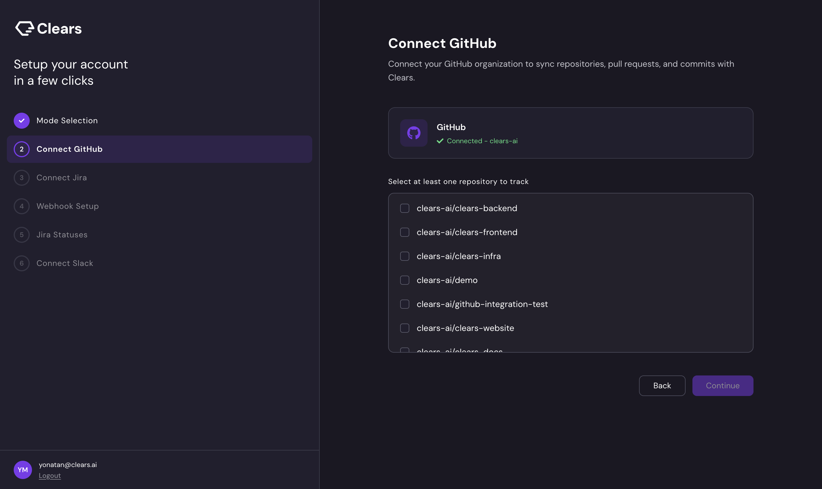 GitHub connection step