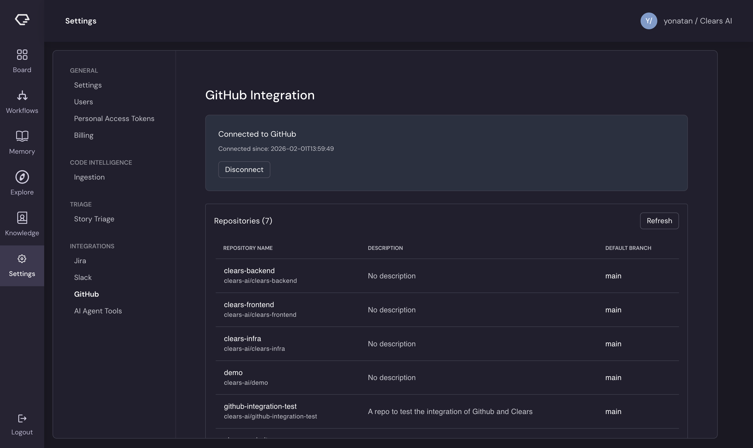 GitHub integration settings